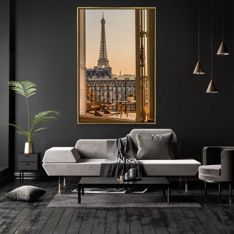 Quadro Decorativo Torre Eiffel Pela Janela Com Moldura e Sem Vidro 100X160