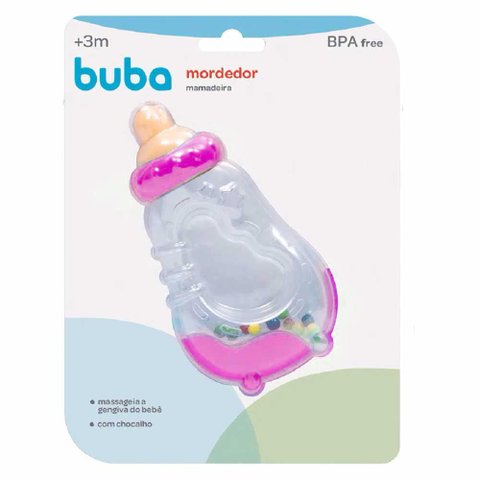 Chocalho e Mordedor para Bebê - 2 em 1 - Mamadeira - Rosa - Buba