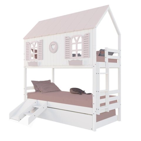 Treliche Casinha Bela com Coração Kit Escada/Escorregador - Madeira Maciça Branco/Rosa