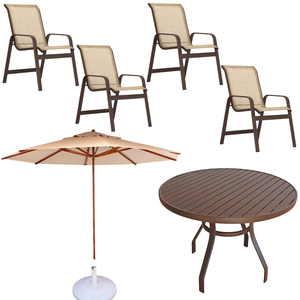 Conjunto Lótus Mesa 90cm Ripada + 4 Cadeiras + Guarda Sol Piscina Jardim Área Externa