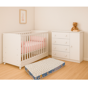 Conjunto Ideal para Bebê Berço Americano Cômoda Doce Sonho + Colchão Ortobom - Qmovi Branco