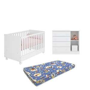 Conjunto Ideal para Bebê Berço Americano Cômoda Doce Sonho + Colchão Ortobom - Qmovi Branco