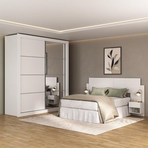 Guarda-Roupas Casal Espelho e Cabeceira com 2 Mesas de Cabeceira Multimóveis MP4327