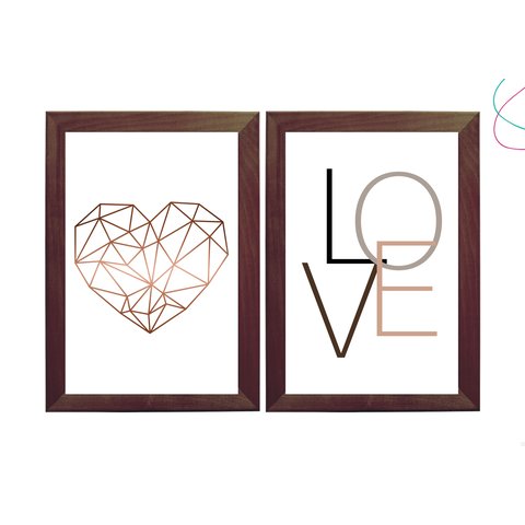 Kit 2 Quadros Coração Geométrico e Love:tabaco