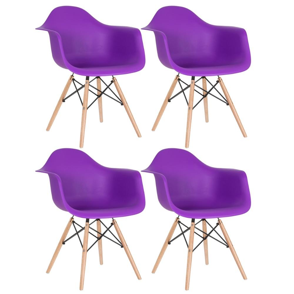 KIT - 4 x cadeiras Charles Eames Eiffel DAW com braços - Base de madeira clara - Roxo - 1
