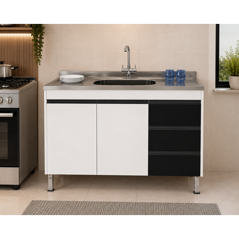 Gabinete de Cozinha 1,14m MDP Branco e Preto com Pés e Gavetas:Branco/Preto