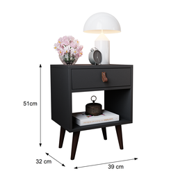 Mesa de Cabeceira Mesinha para Quarto 1 Gaveta Puxador em Couro Ravenna - Preto - 3