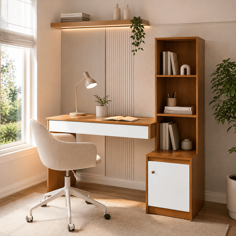 Escrivaninha com 3 Prateleiras 1 Gaveta 1 Porta Ágata Home Office - Branco/Cinamomo