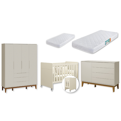 Quarto de Bebê Berço Evolution + Guarda Roupa 4P + Cômoda Sp Elfe Areia com 02 Colchões