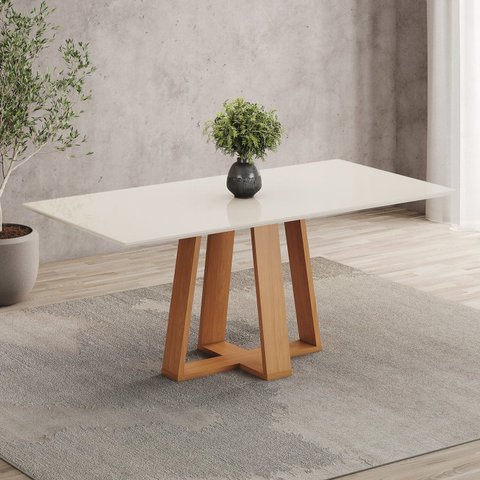 Mesa de Jantar 6 Lugares 160cm Tampo MDF e Vidro Canto Reto Lisa