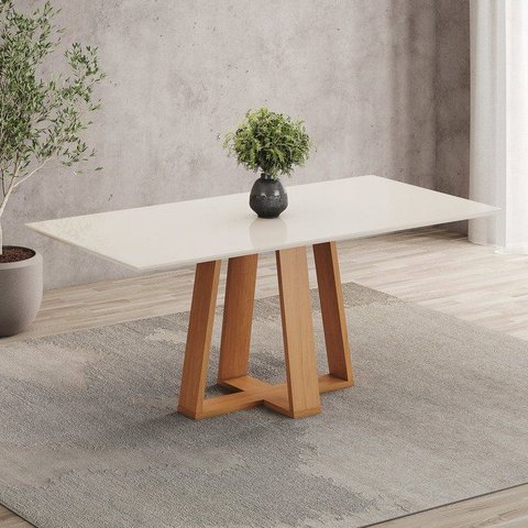Mesa de Jantar 6 Lugares 160cm Tampo MDF e Vidro Canto Reto Lisa