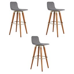 Kit 3 Banquetas Altas Luxo Linea Aço Champanhe Linho Cinza Base Carvalho - 2