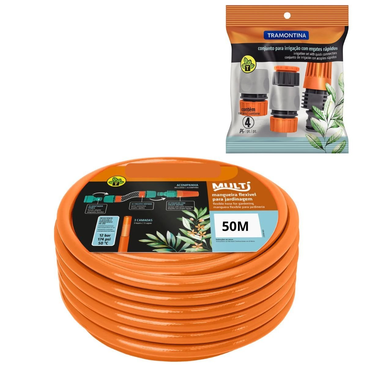 Kit 50m Mangueira Laranja + Conjunto Engates Tramontina - 2