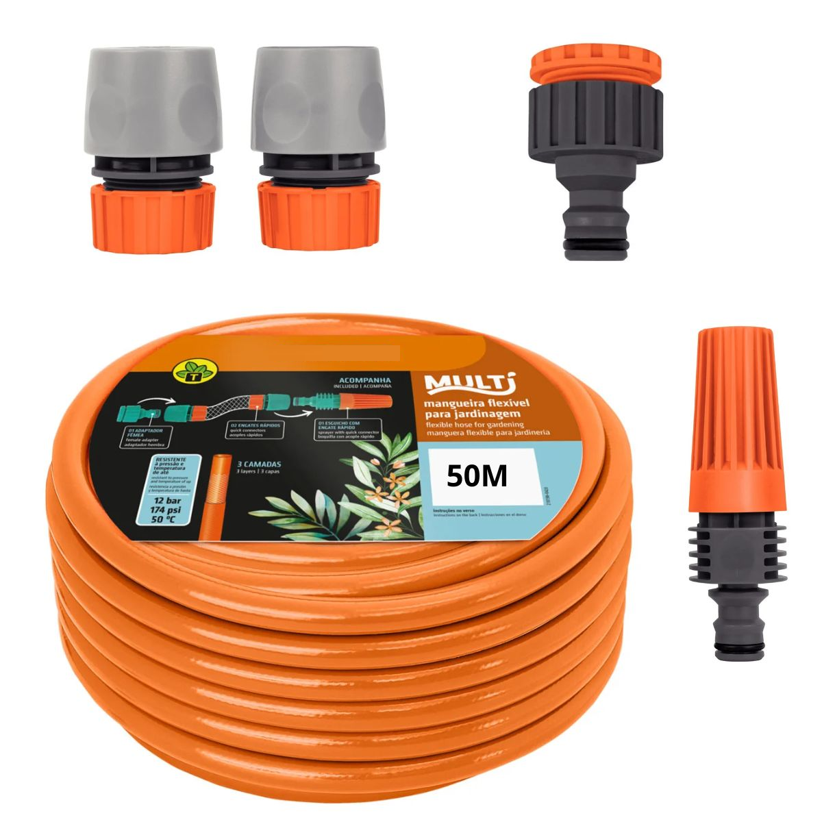 Kit 50m Mangueira Laranja + Conjunto Engates Tramontina