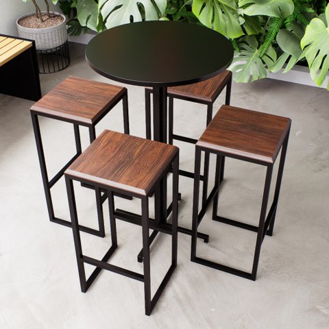 Conjunto Mesa Alta Bar Bistrô Redonda Preta 4 Bancos Imbuia Industrial Black Don Castro Decor Indust