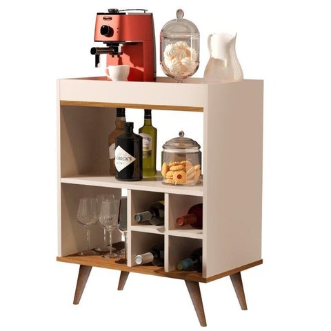 Buffet / Aparador com Adega En Estilo Retrô com Pés em Madeira Maciça Cor Off White / Freijó Jm