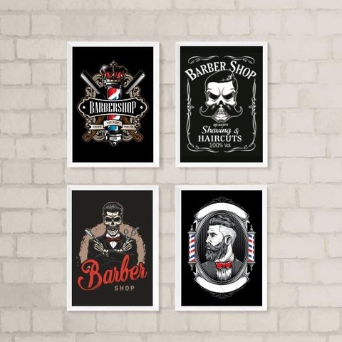 Kit 4 Quadros Decorativos para Barbearia 33x24cm:madeira Preta
