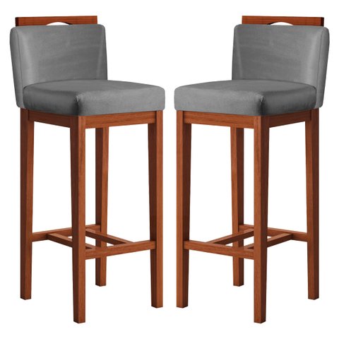 Kit 2 Banquetas Média Estofadas com Encosto 38x92 Cm Líbia Madeira Maciça Suede Cinza CCS