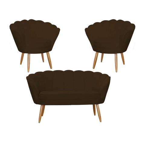 Kit Namoradeira + 2 Poltronas Decorativa Pétala Suede Marrom Pés Madeira Ms Decor