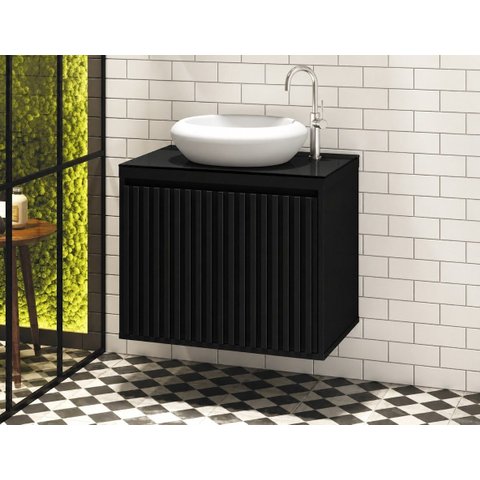 Gabinete de Banheiro Ripado 60 com Cuba Branca Cor: Preto
