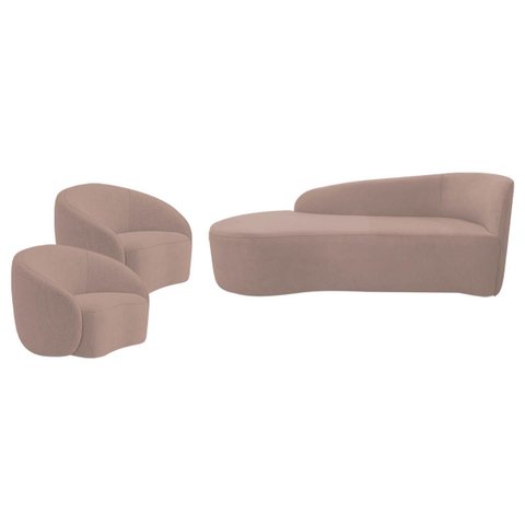 Kit Divã Recamier Orgânico França 160cm Lado Esquerdo e 2 Poltronas Amore Linho