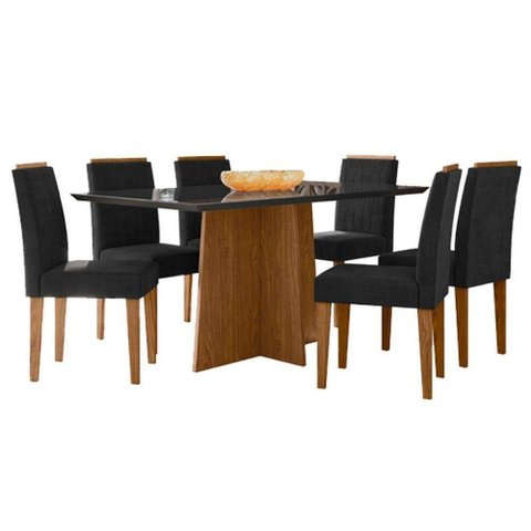 Mesa de Jantar Ambiente Anitta 160x90 Cm com Vidro Ype Preto e 6 Cadeiras Ana Ype Veludo Preto - New