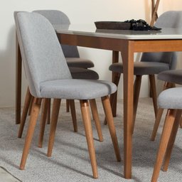 Conjunto com 6 Cadeiras de Madeira Maciça Estofada New Drop - Natural C/ Linho Cinza - Cobre - 2