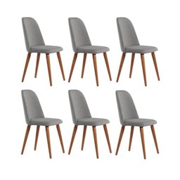 Conjunto com 6 Cadeiras de Madeira Maciça Estofada New Drop - Natural C/ Linho Cinza - Cobre - 1