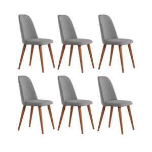 Conjunto com 6 Cadeiras de Madeira Maciça Estofada New Drop - Natural C/ Linho Cinza - Cobre