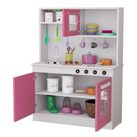 Cozinha Infantil Completa com Armários Portas Funcionais Mini Cozinha de Brinquedo Educativa Rosa