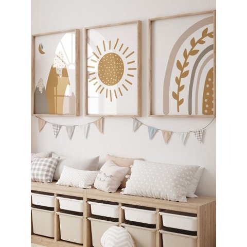 Kit 3 Quadros Infantil Arco Íris Quarto Bebê Menina 40x60 Moldura Madeira NO5