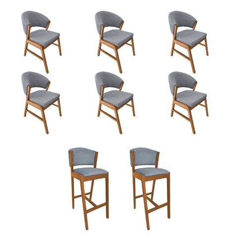 Kit 6 Cadeiras de Jantar Debora Madeira Maciça com 2 Banquetas Ana Cerejeira Premium Linho Cinza