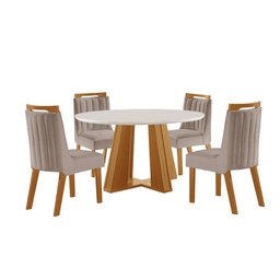 Sala de Jantar Madri Redonda 1,10 X 1,10 M com 4 Cadeiras Lottus Linho Bege Lj Móveis - 1