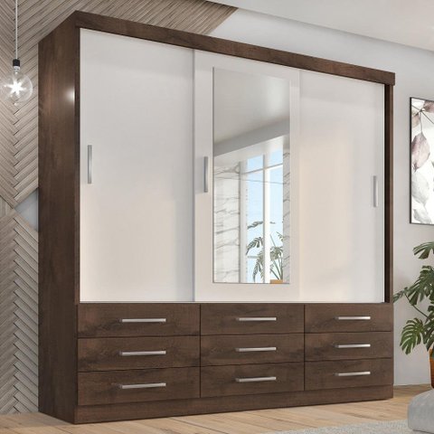 Guarda-Roupa Casal 3 Portas Correr 9 Gavetas com Espelho Capri