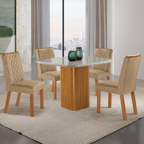 Conjunto Mesa de Jantar 90cm com 4 Cadeiras Estofadas Multimóveis Crrft-CON050 Madeirado/Off White/