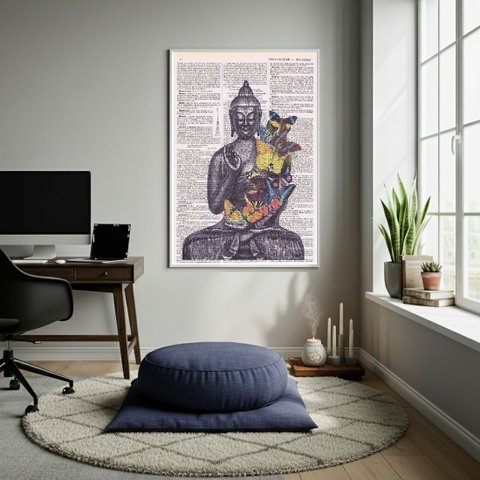 Quadro Decorativo Buda com Borboletas 70x50cm Mold Branca