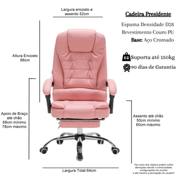 Cadeira Presidente Rosa com Massagem Couro Ecológico Home Office - 3