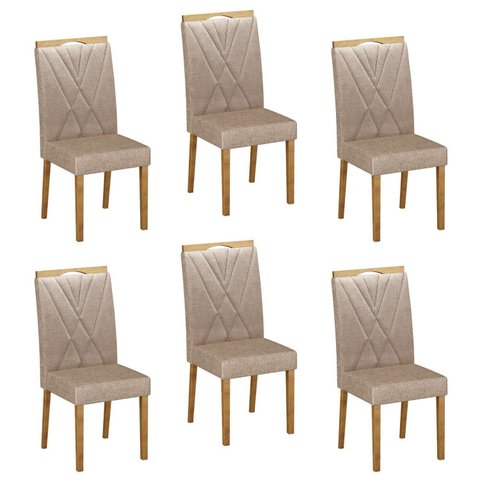 Kit de 6 Cadeiras para Sala de Jantar Pés em Madeira Maciça Lara Bege/Cinamomo/Linho