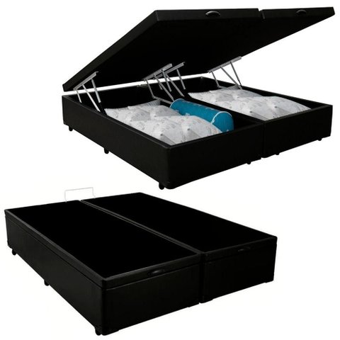 Cama Box Baú Queen Bipartido Sintético Mega Cama Preto 158x198x45cm
