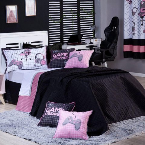 Kit Cobre Leito Colcha Solteiro Game Streamer Dupla Face com Almofadas Estampadas 05 Peças Cor Ros