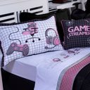 Ver imagem 5 de Kit Cobre Leito Colcha Solteiro Game Streamer Dupla Face com Almofadas Estampadas 05 Peças Cor Ros