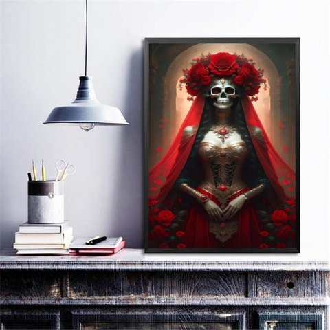 Quadro Rosa Caveira - Pombagira Umbanda 45x34cm - com Vidro:moldura Preta