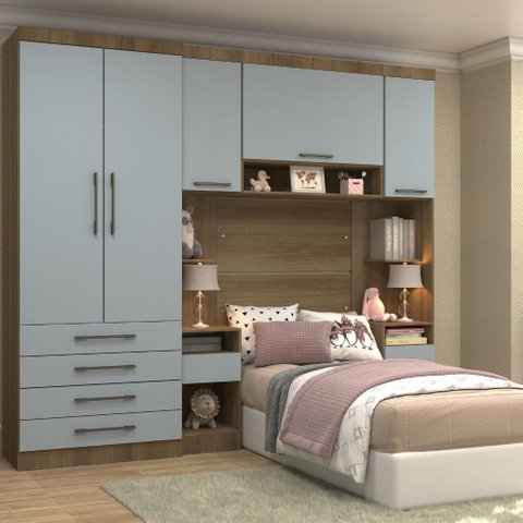 Quarto Modulado Solteiro 5 Portas 6 Gavetas Paris Luciane - Avelã/grey Sky