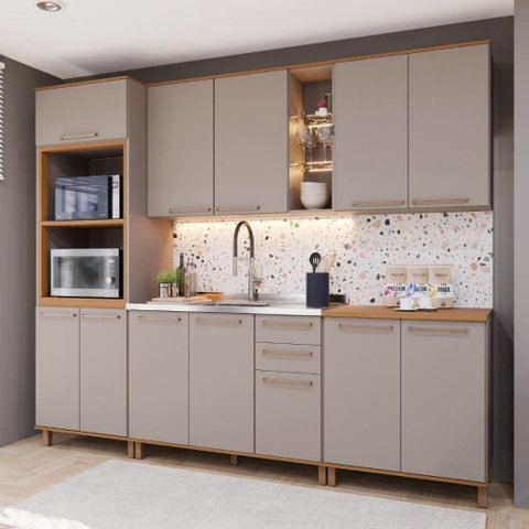 Cozinha Completa Modulada Berlim 12 Portas 2 Gavetas MDF-MDP 270cm Camurça-Freijó