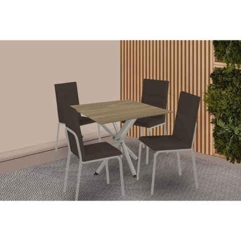 Conjunto: Mesa Sala Jantar Volga C/ Tampo de Madeira 90cm e 4 Cadeiras Amsterdã Niquel - Courano