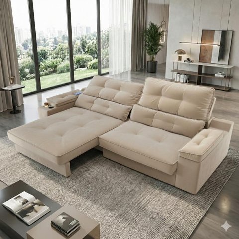 Sofá Santiago 3 Lugares Retrátil Reclinável 200cm Bege Suede Outras Marcas