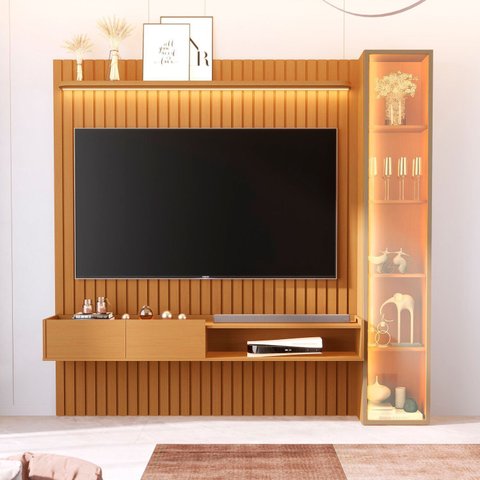 Painel com Cristaleira para TV até 75 Polegadas Ripado com LED e Vidro Reflecta 100% MDF 219CMX223CM Vitoria Regia Yescasa Marrom