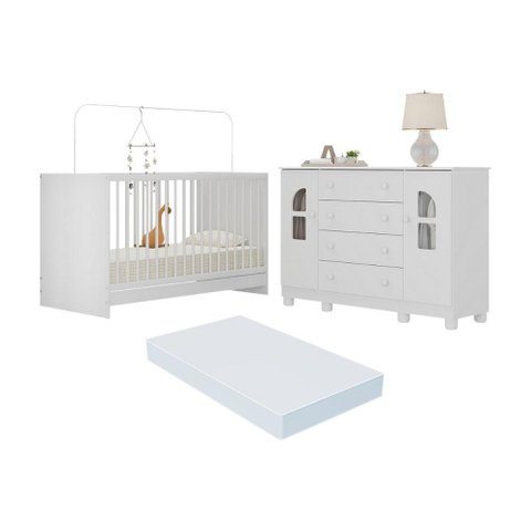 Berço 3 em 1 com Colchão Incluso e Cômoda 2 Portas 4 Gavetas Nina Multimóveis Mp4772 Branco