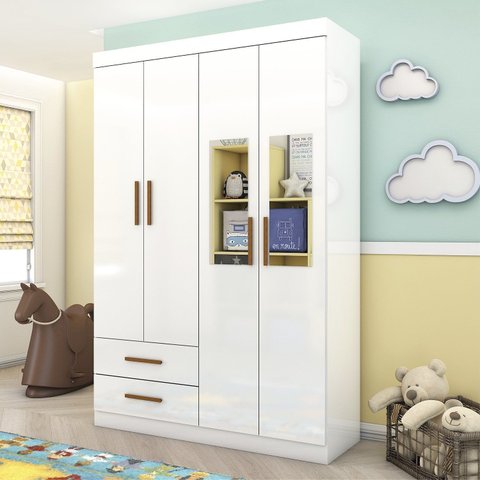 Guarda-Roupa 4 Portas 2 Gavetas com Espelho Infantil Perola Branco/Branco-Branco