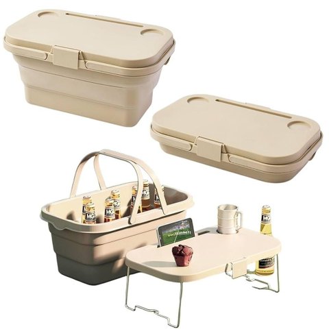 Cesto Camping Expansivel Balde Gelo Organizador Porta Malas Vira Mesa Bege Grande